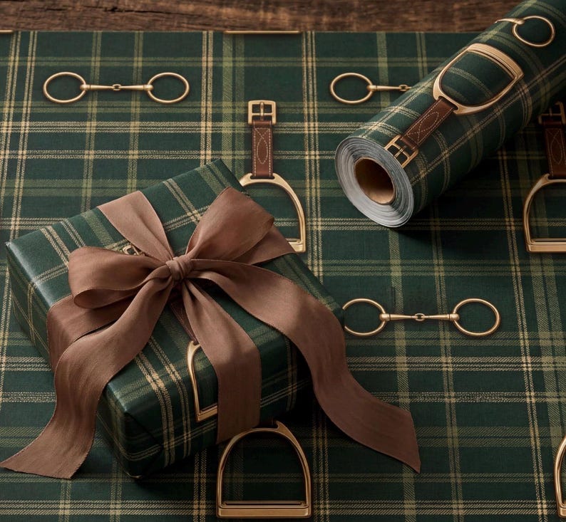 premium horse lover wrapping paper elegant green tartan equestrian gift wrap luxury country club style wrapping paper rolled gift wrap