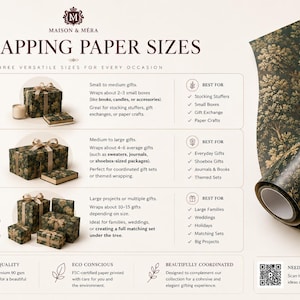 May include: An informational chart for Maison & M&eacute;ra wrapping paper sizes, displaying three options: 30x36 single sheet, 30x72 half roll, and 30x180 full roll. The paper features a dark green forest print with trees. Includes gift examples and a QR code.