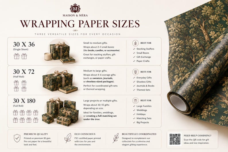 May include: An informational chart for Maison & M&eacute;ra wrapping paper sizes, displaying three options: 30x36 single sheet, 30x72 half roll, and 30x180 full roll. The paper features a dark green forest print with trees. Includes gift examples and a QR code.