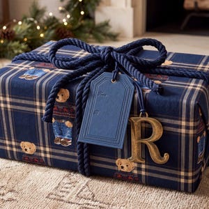 Weihnachtsgeschenkpapier mit Teddybär, marineblaues Tartan-Geschenkpapier, luxuriöses Weihnachtsgeschenkpapier, festliches Geschenkpapier, Wintergeschenkpapier