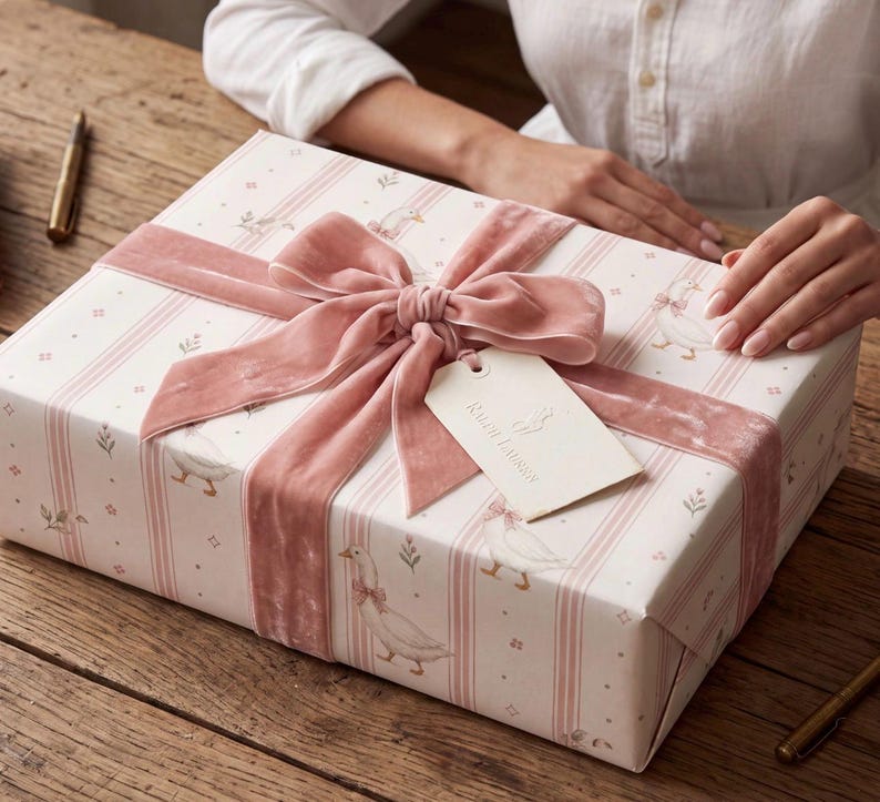 May include: A rectangular gift box wrapped in white paper featuring a pattern of pink stripes and illustrations of ducks wearing bows. The box is tied with a wide, dusty pink velvet ribbon and includes a cream-colored tag labeled Ralph Lauren.
