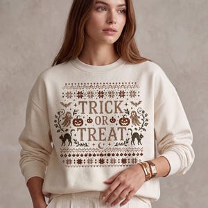 Vintage Trick or Treat Halloween Crewneck gift for Halloween lover Vintage Fair Isle Sweatshirt Cottagecore Ghost Pumpkin Autumn Fall Jumper