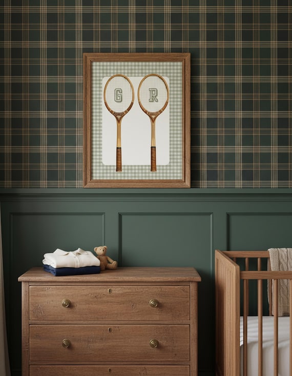 Vintage Racquet Art Digital Print Nursery Wall Tennis Decor Boys Room Preppy Style Heritage Design Custom Initial Baby Gift Personalized