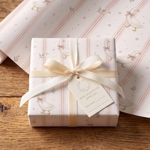 May include: A rectangular gift box wrapped in light pink and white striped paper featuring illustrations of white geese wearing pink bows. The box is tied with a cream-colored satin ribbon and includes a gift tag printed with FOR SOMEONE SPECIAL.