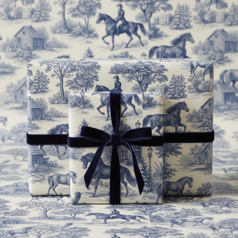 Luxury equestrian toile wrapping paper featuring a classic horse and rider countryside illustration in soft blue and ivory tones, inspired by French country and English heritage aesthetics. Elegant gift wrap for refined presents, birthdays, weddings, anniversaries and timeless occasions. Sophisticated old money style wrapping paper for horse lovers, country homes and luxury gift presentation.
