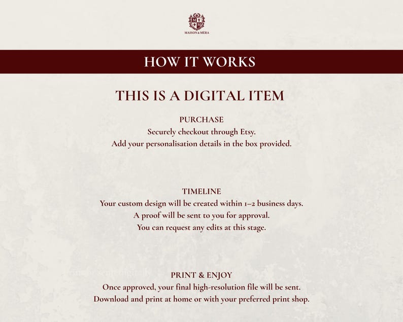 Pu&ograve; includere: Foglio informativo per articoli digitali color crema con testo bordeaux e stemma decorativo. Il testo spiega il processo di acquisto, la tempistica e come stampare l'articolo digitale. Il foglio &egrave; progettato per informare i clienti sul prodotto digitale.
