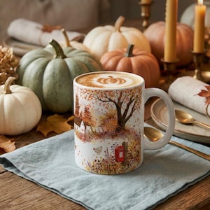 Peut inclure: Un mug en céramique blanche rempli d'un latte avec une mousse en forme de citrouille. L'extérieur du mug présente une scène automnale colorée avec des arbres, une petite maison, une boîte aux lettres rouge et une poule sur une serviette bleue.