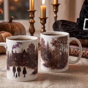 Hokus Pokus nostalgisk inspirerad Halloweenmugg Salem Cottage höstkaffekopp mysig häxig höstmugg svart katt Halloweenpresent till filmälskare