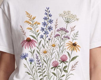Camiseta de punto de cruz con flores silvestres, estilo cottagecore, con estampado floral, ideal para amantes de las flores, jardineros y amantes de la naturaleza.
