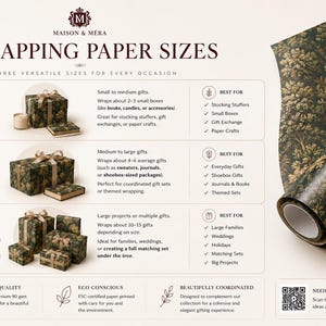 May include: An informational chart titled MAISON & MERA WRAPPING PAPER SIZES displaying three options: 30 x 36 single sheet, 30 x 72 half roll, and 30 x 180 full roll. The chart features dark green forest-patterned gift wrap and a QR code.