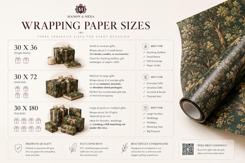 May include: An informational chart titled MAISON & MERA WRAPPING PAPER SIZES displaying three options: 30 x 36 single sheet, 30 x 72 half roll, and 30 x 180 full roll. The chart features dark green forest-patterned gift wrap and a QR code.