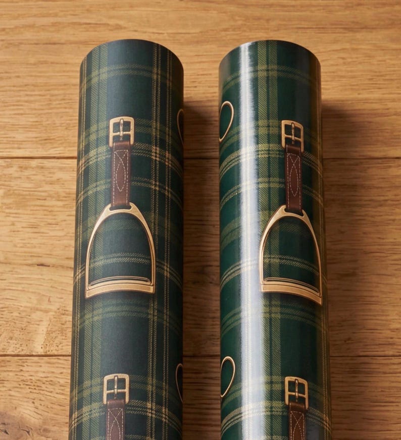 dark green plaid gift wrap with gold stirrup and snaffle bit luxury wrapping paper old money equestrian aesthetic Christmas birthday gift wrap