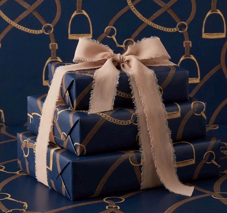 navy blue equestrian wrapping paper luxury horse themed gift wrap elegant stirrup wrapping paper old money navy gift wrap preppy luxury wrapping paper heritage inspired gift wrap polo aesthetic wrapping paper luxury gift wrap for him equestrian christmas wrapping paper navy and brown wrapping paper