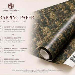 May include: A roll of wrapping paper featuring a dark green forest landscape pattern with trees and foliage. The product is branded Maison & M&egrave;ra and includes text describing the fine art collection, along with a QR code on the white edge.
