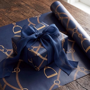 equestrian navy gift wrap luxury stirrup wrapping paper horse tack inspired wrapping paper navy blue and gold wrapping paper elegant preppy gift wrap luxury birthday wrapping paper country estate wrapping paper horse lover gift wrap sophisticated navy wrapping paper classic equestrian gift wrap