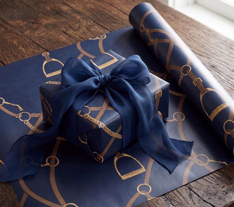 equestrian navy gift wrap luxury stirrup wrapping paper horse tack inspired wrapping paper navy blue and gold wrapping paper elegant preppy gift wrap luxury birthday wrapping paper country estate wrapping paper horse lover gift wrap sophisticated navy wrapping paper classic equestrian gift wrap