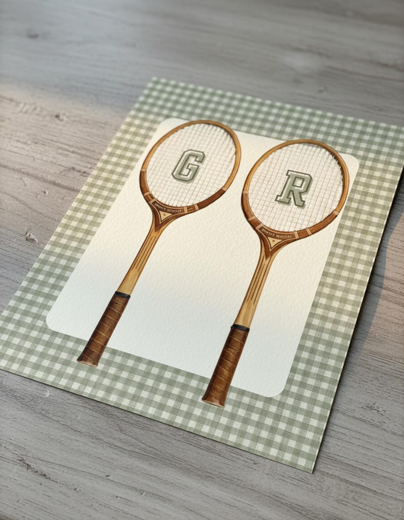 custom initial nursery wall art personalised tennis racquet print boys nursery artwork vintage sports wall art personalised kids room decor classic baby nursery print