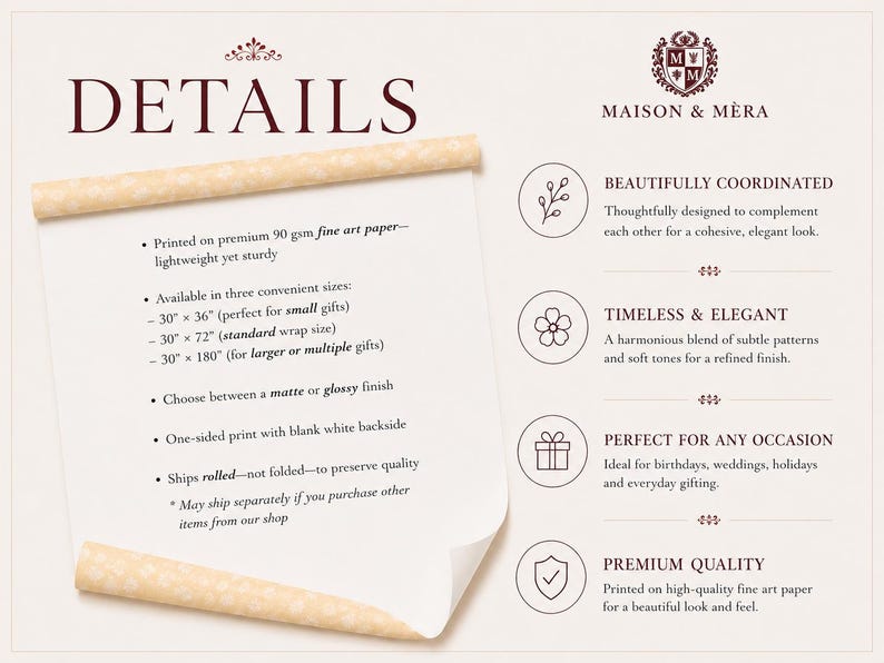May include: A cream-colored paper scroll with the word "DETAILS" in burgundy script. The text describes the paper's features, including sizes of 30" x 36", 30" x 72", and 30" x 180", and a matte or glossy finish.