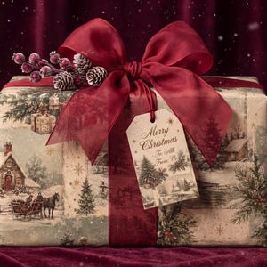Vintage-Weihnachtspapier mit Wandmotiv, verschneites Dorf, antikes Weihnachtspapier, altmodisches Geschenkpapier, Winterhüttenpapier