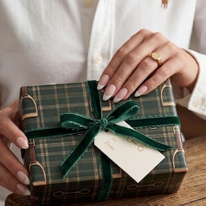 old money equestrian gift wrap green tartan wrapping paper luxury horse bit gift wrap country estate style premium wrapping paper