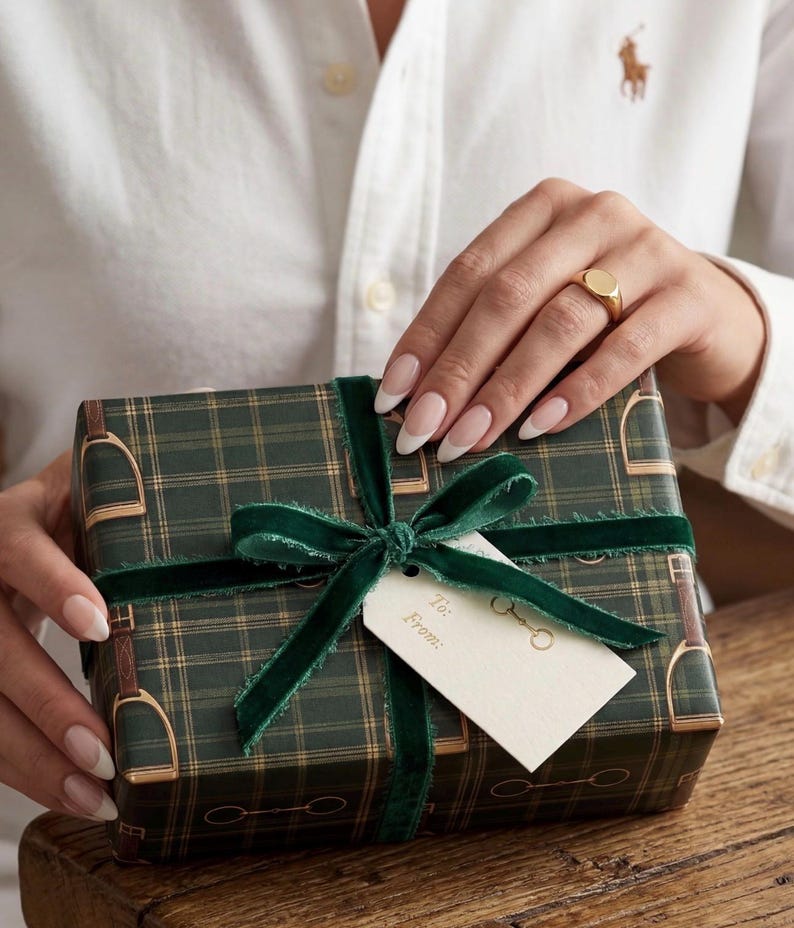 old money equestrian gift wrap green tartan wrapping paper luxury horse bit gift wrap country estate style premium wrapping paper