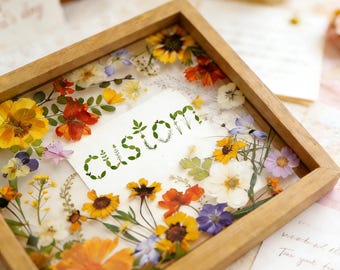 Custom Mother's Day Gift Rustic Farmhouse Pressed Flower Frame Real Dried Flowers Wooden Glass Photo Frame