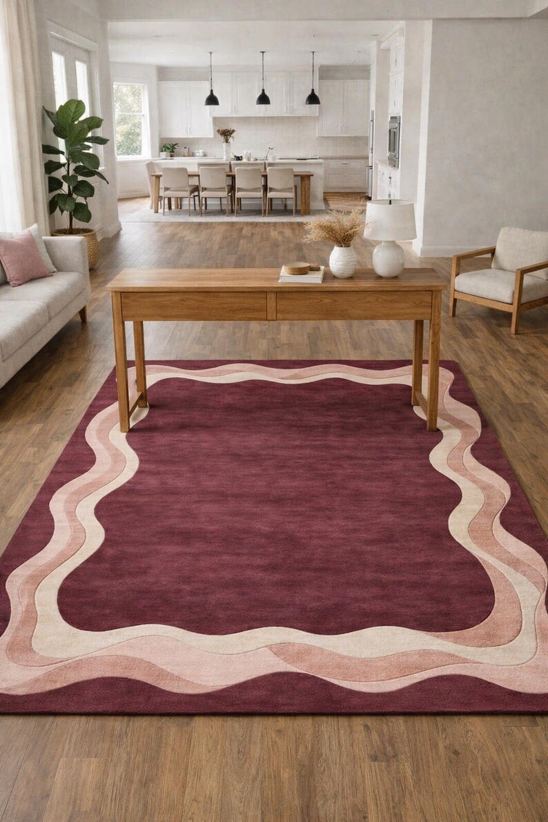 Modern Burgundy Abstract Wavy Border Rug, Minimalist Living Room Carpet ...