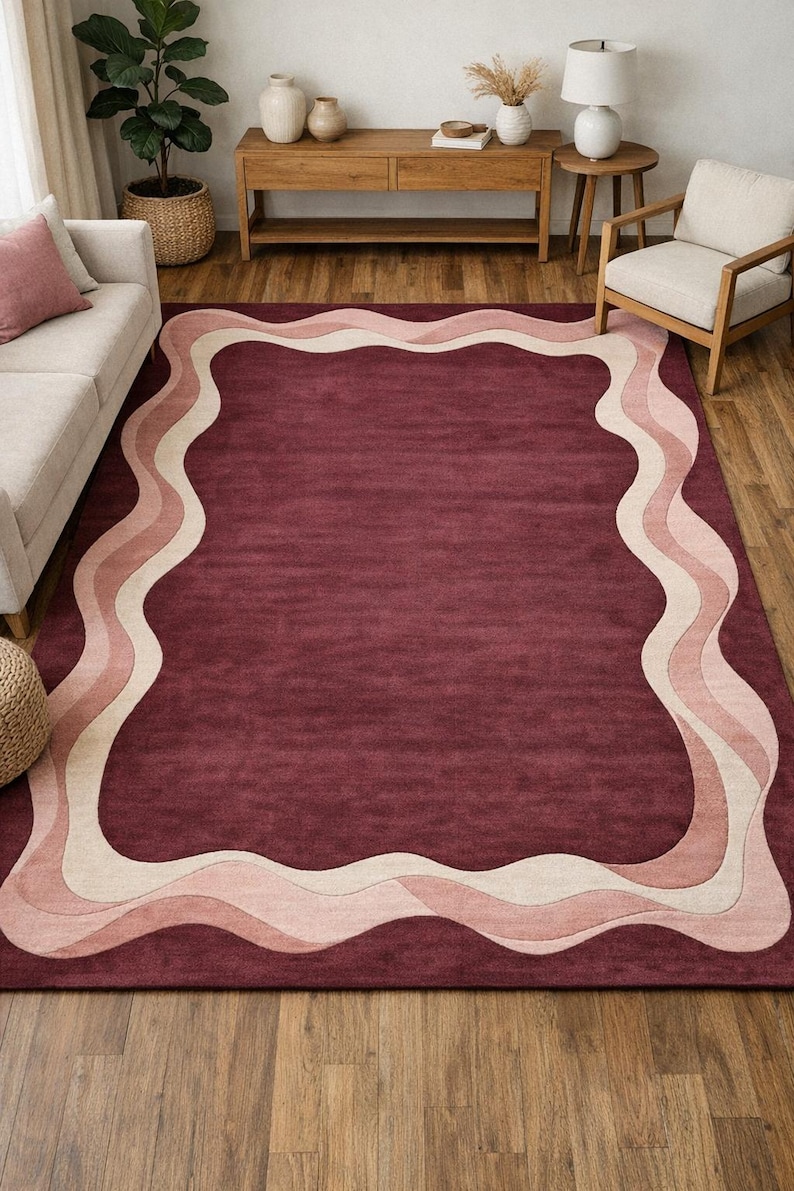 Modern Burgundy Abstract Wavy Border Rug, Minimalist Living Room Carpet ...