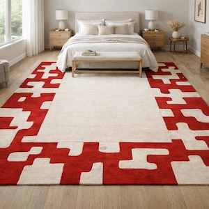 Red Cream Geometric Wool Area Rug – Modern Puzzle Border 6x9