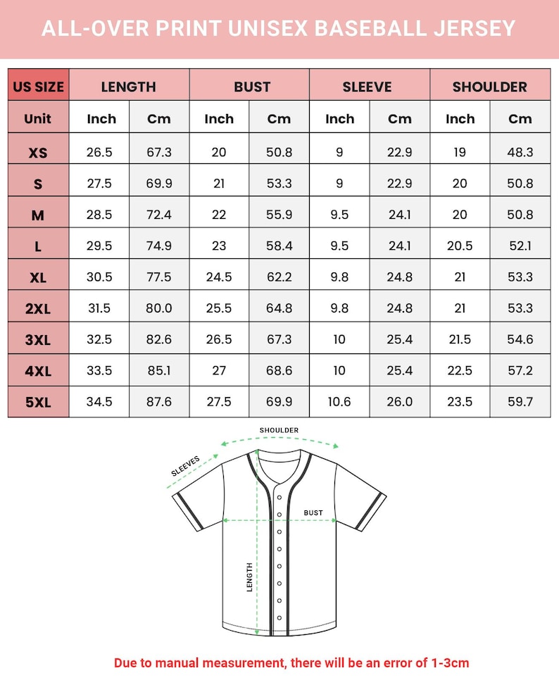 The image is a printed size chart for a baseball jersey, providing the measurements for different US sizes.