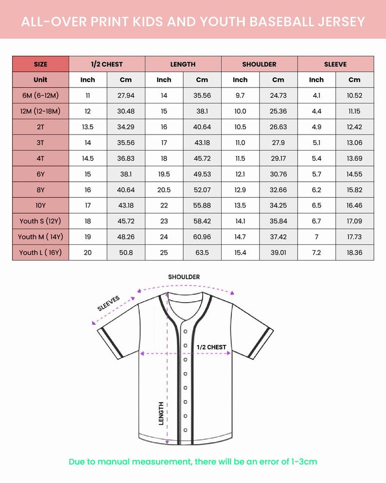 The image is a printed children's baseball jersey size chart, providing measurements for different age groups, including units such as 6M, 12M, and L.