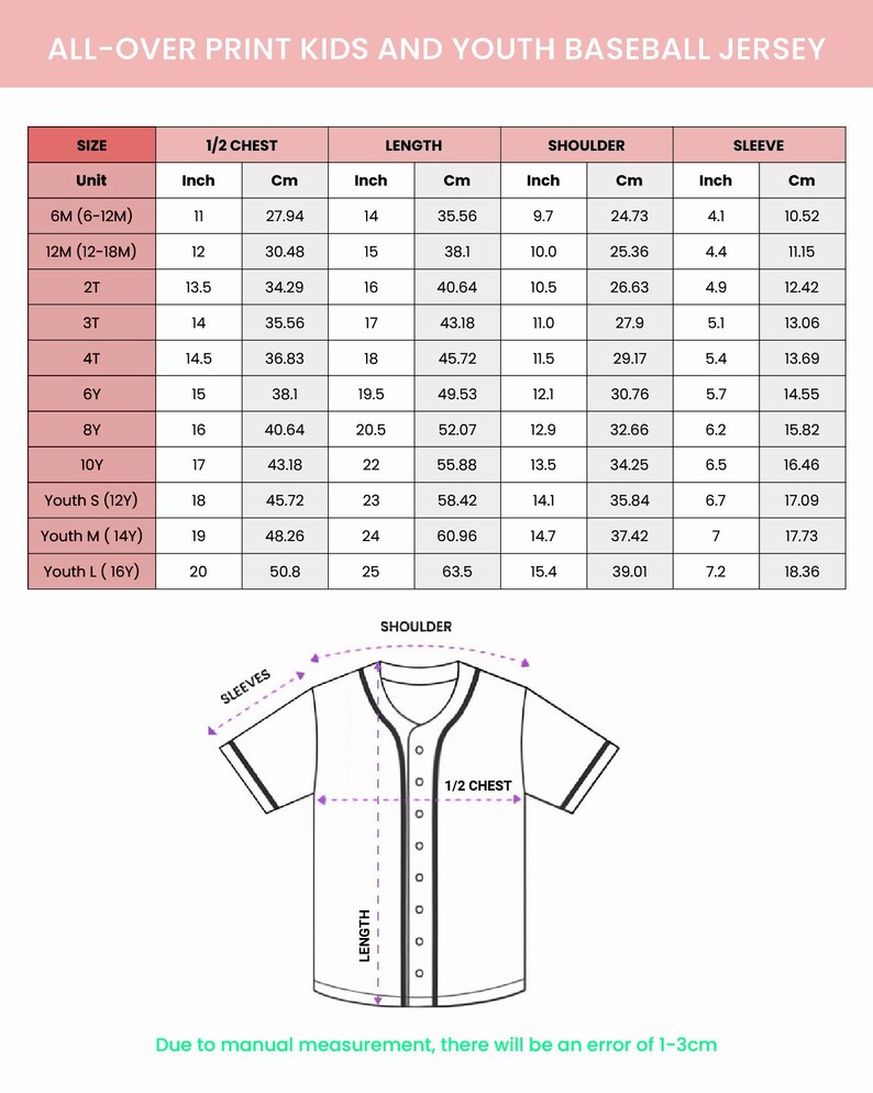 The image is a printed children's baseball jersey size chart, providing measurements for different age groups, including units such as 6M, 12M, and L.