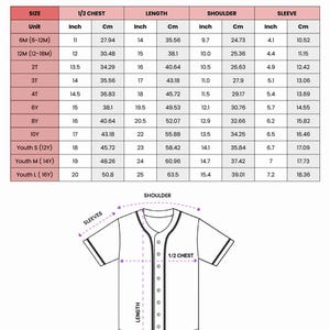 The image is a printed children's baseball jersey size chart, providing measurements for different age groups, including units such as 6M, 12M, and L.