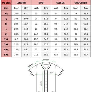 The image is a printed size chart for a baseball jersey, providing the measurements for different US sizes.