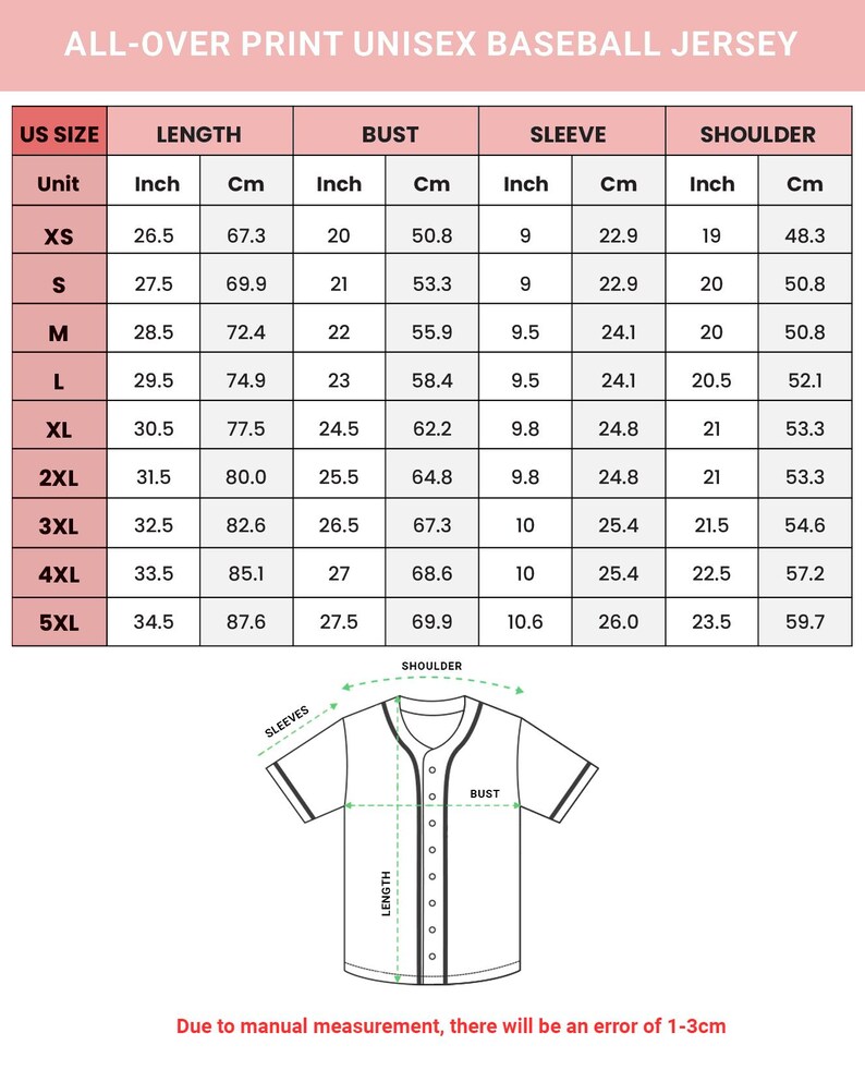 The image is a printed size chart for a baseball jersey, providing the measurements for different US sizes.