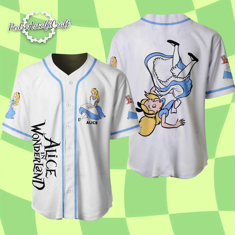 A white baseball jersey with a blue trim, featuring a cartoon illustration of a character from the "Alice in Wonderland" series.