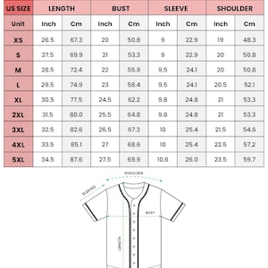 The image is a printed size chart for a baseball jersey, providing the measurements for different US sizes.
