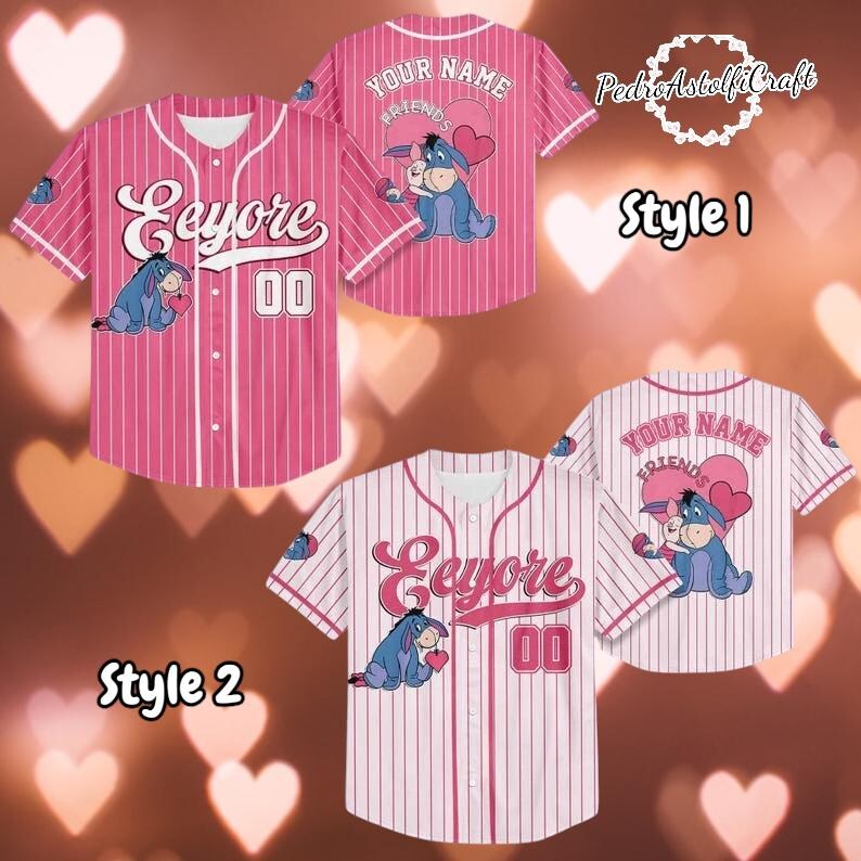a collage of three different styles of pink and white striped baseball jerseys, each with a unique design and personalized text.