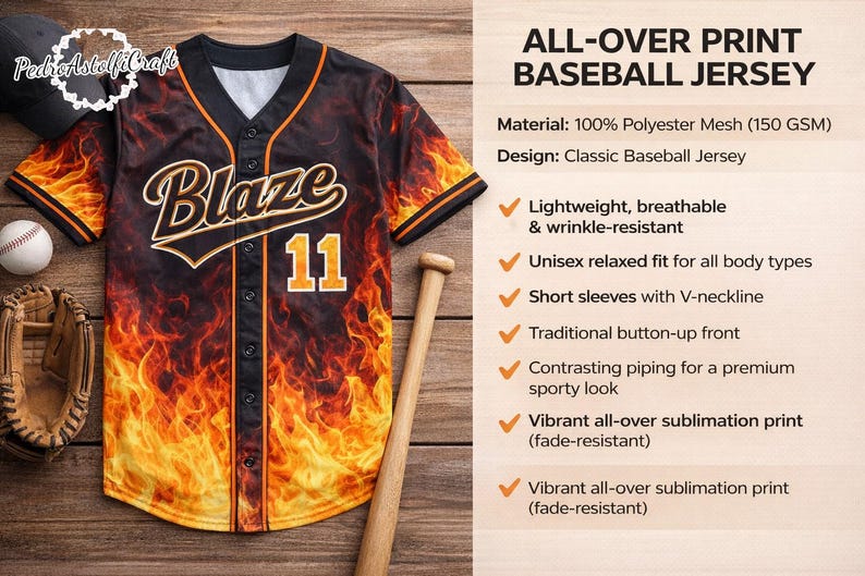 a baseball jersey with a flame-designed design, accompanied by a baseball glove and a baseball. The image is a collage of various images, including a baseball jersey, a baseball glove, and a baseball.