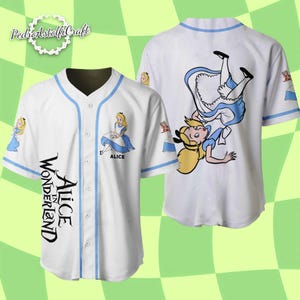 A white baseball jersey with a blue trim, featuring a cartoon illustration of a character from the "Alice in Wonderland" series.