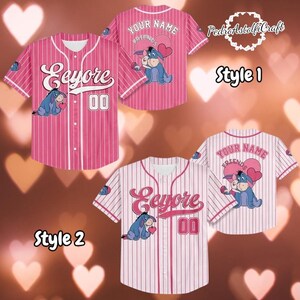 a collage of three different styles of pink and white striped baseball jerseys, each with a unique design and personalized text.