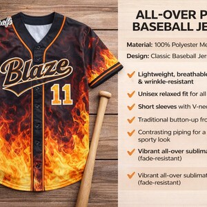 a baseball jersey with a flame-designed design, accompanied by a baseball glove and a baseball. The image is a collage of various images, including a baseball jersey, a baseball glove, and a baseball.