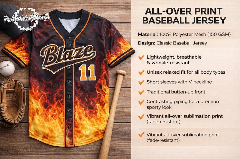 a baseball jersey with a flame-designed design, accompanied by a baseball glove and a baseball. The image is a collage of various images, including a baseball jersey, a baseball glove, and a baseball.