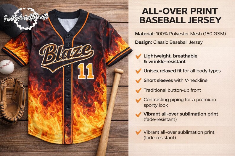 a baseball jersey with a flame-designed design, accompanied by a baseball glove and a baseball. The image is a collage of various images, including a baseball jersey, a baseball glove, and a baseball.