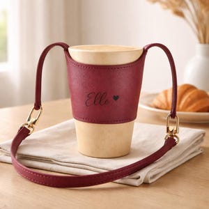 Personalized Leather Cup Holder with Handle Custom Name Coffee Sleeve Faux Leather Drink Carrier Minimalist Coffee Tote Gift for her
