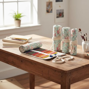 Peut inclure: Une table en bois présente un étui à crayons à imprimé floral, ouvert pour révéler une collection de crayons de couleur. Trois étuis à crayons roulés avec un tissu floral assorti sont attachés avec une corde. Un mug blanc contient des pinceaux.