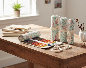 Floral Pencil Organizer Roll for Brush Portable Sketching Storage Canvas Roll 12 32 Slot Artist Pen Wrap Stationery Brush Pen Organizer