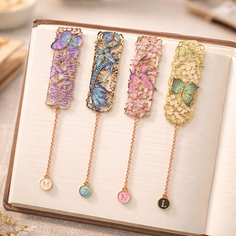Elegant metal butterfly flower bookmark with customized initial for book lovers