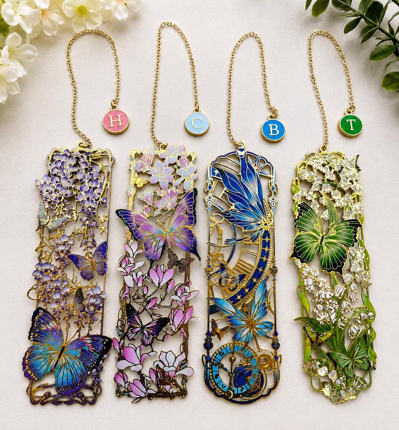 Personalized Bookmark Metal with Initial Butterfly Floral Bookmark Custom Initial Bookmark Elegant Book Lover Gift Reader Gift Teacher Gift image 2