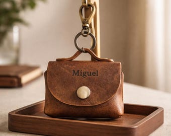 Personalized Leather AirPods Case Keychain Custom Name AirPods Holder Engraved Leather Earbuds Gift for Him Her Minimalist AirPods Pouch